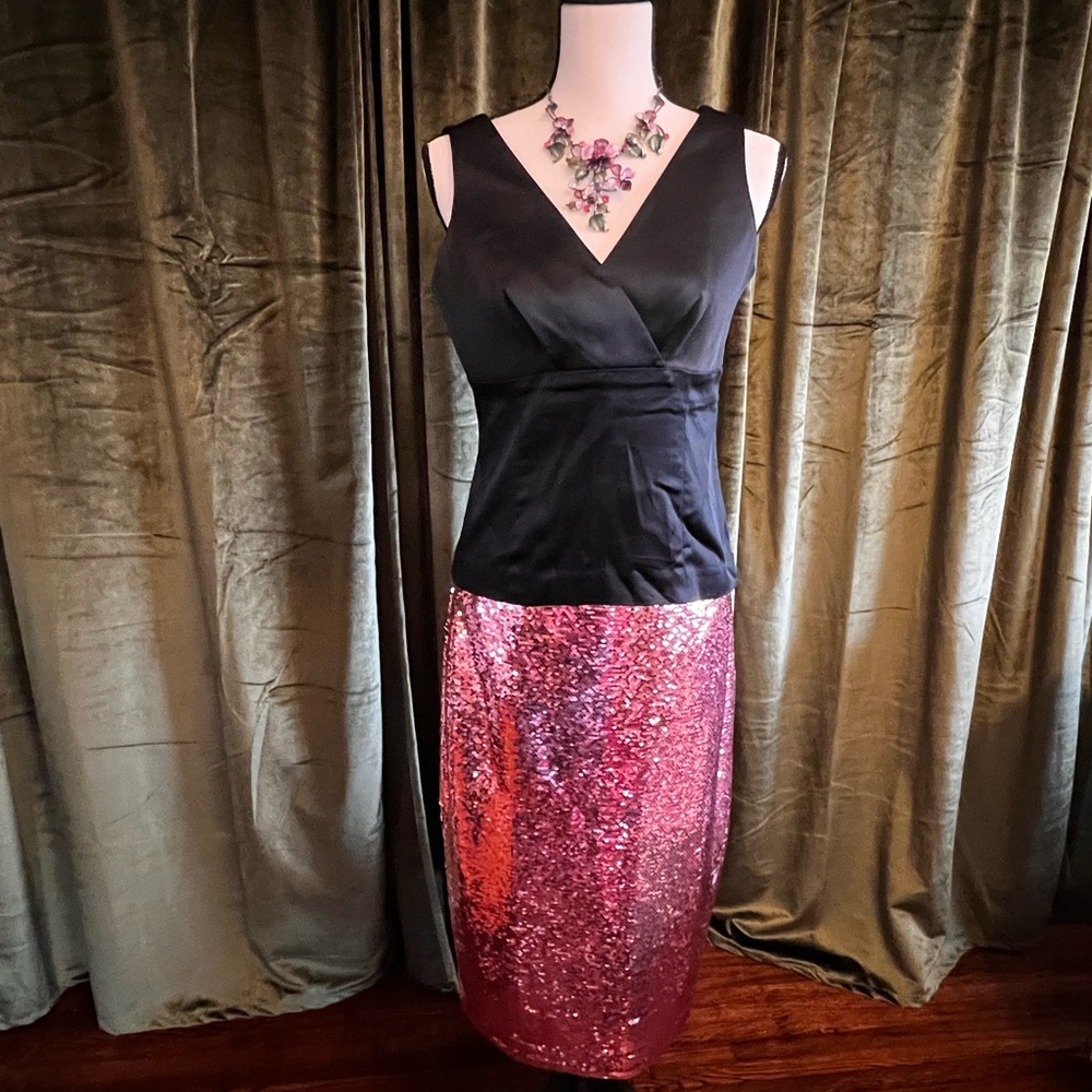 Eva Mendes Pink Reversible Sequin Midi Pencil Skirt Size Medium